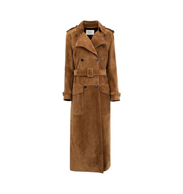 Image 1 of 3 - BROWN - SAINT LAURENT Trench Coat in Suede featuring cupro and cotton lining, double-breasted, eight-button closure, two patch pockets with flap at the front, one inner jetted pocket, two-way ulster collar, strapped cuffs, adjustable and detachable belt, buttoned epaulets and single back vent. 100% cowhide. Made in Italy.
