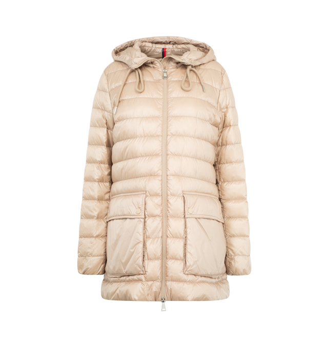 Image 1 of 3 - CHAMPAGNE - MONCLER Jasmin Hooded Short Down Parka featuring signature embroidered logo patch on the left sleeve, adjustable drawstring hood, long sleeves with elastic cuffs, flap pockets with snap closures, classic fit and two-way zip-front. Nylon/polyamide. Fill: Down/feather. Lining: Polyester.