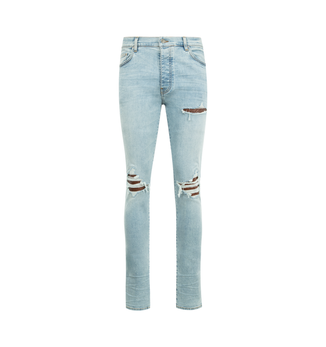 Image 1 of 3 - BLUE - AMIRI MX1 Croc-Effect Repaired Stretch Skinny Jeans featuring pleated croc-embossed leather, regular rise, five-pocket style, leather label, slim fit through tapered legs, button-zip front and belt loops. Cotton/elastane. Made in USA.