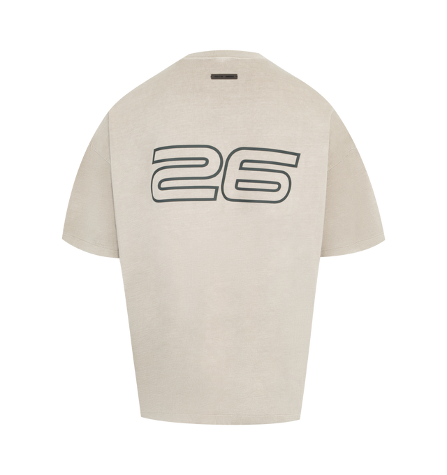 Image 2 of 2 - NEUTRAL - FEAR OF GOD ESSENTIALS 90s Tee featuring an oversized 90s-inspired silhouette, exaggerated proportions with dropped shoulders for a relaxed drape, matte HD print application on front, "26" graphic on back, and signature rubberized Fear of God Essentials label at the collar. 100% cotton jersey.