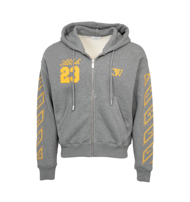 Image 1 of 3 - GREY - OFF-WHITE Ow 23 Zip Skate Hoodie featuring zip front closure, drawstring hood, ribbed hem and cuffs and logo on front. 100% cotton. 