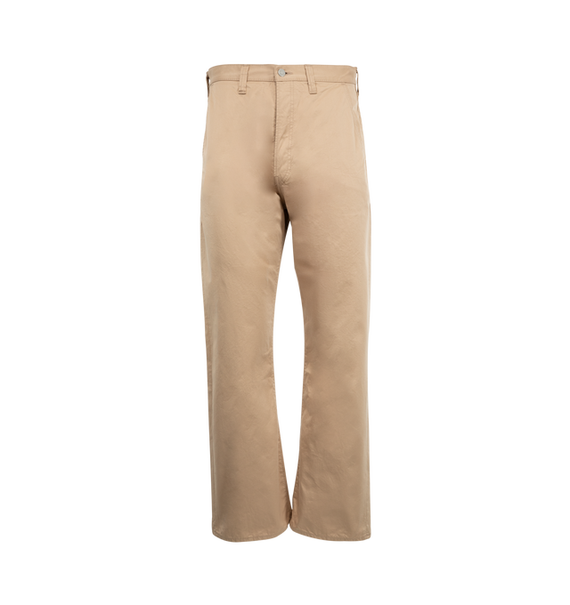 Image 1 of 3 - BROWN - FULLCOUNT Duke Burberry Twill Pant featuring a glossy finish, high water repellency, high rise, wide leg, button fly, two front slash pockets, enlarged single stitch back pockets and concealed back copper rivets. 100% cotton.