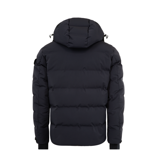 Image 3 of 4 - NAVY - MONCLER GRENOBLE Montgetech Down Jacket featuring a 2 way zip front closure, stand collar, removable hood, wrist gaiters, thumbhole cuffs, and an interior powder skirt. Lined with down fill. 87% polyamide/nylon, 13% elastane/spandex. Lining: 100% polyester. Padding: 90% down, 10% feather. Made in Romania.