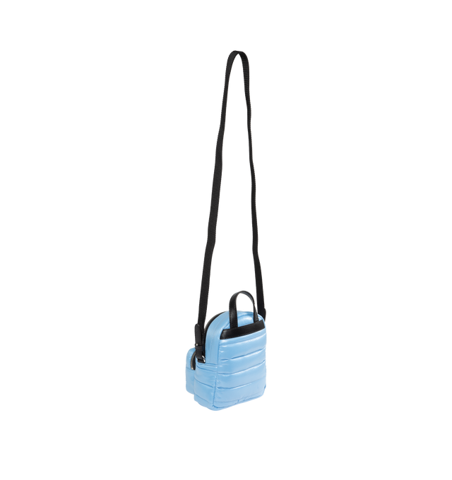 Image 2 of 3 - BLUE - MONCLER Kilia Small Crossbody Bag has a zipper closure, exterior zipper pocket, adjustable strap, interior pocket, leather top handle, signature leather and metal logo, and gold-tone hardware. Measurements L 18 x H 15 x D 11 c. 100% polyamide. Made in Hungary.  