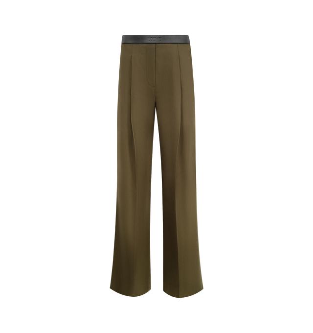 Image 1 of 3 - GREEN - LOEWE Trousers in lightweight fluid wool tailoring featuring a LOEWE-embossed leather waistband at the front, regular fit, regular length, mid waist, straight leg, mock fly, slash pockets, rear welt pocket and pressed creases at the front and back. Wool. Made in Italy.