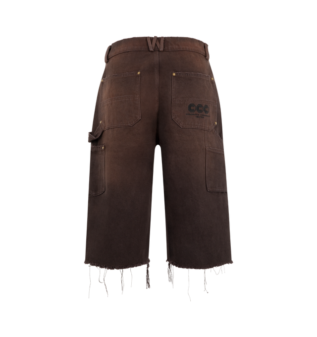 Image 2 of 3 - BROWN - Willy Chavarria Men's Workwear Carpenter Short is crafted from cotton and features a relaxed, straight-leg fit with an aged wash for a worn-in finish. Designed with reinforced double-knee panels, utility pockets, a back tool pocket embroidered with "CCC," and a zip fly with branded button closure, this designer workwear pant is finished with a signature W loop and key loop at the back waistband. Main Material: 100% Cotton. Made in USA.