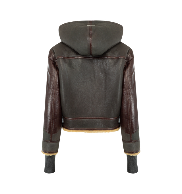 Image 2 of 3 - BROWN - ACNE STUDIOS Shearling Jacket featuring a hood and contrast panel detailing, elongated jersey sleeves, adjustable waist tabs, a metal logo plaque on the hood, fitted silhouette, waist length and two-way zip closure. 100% Lamb shearling. 100% Buffalo leather.