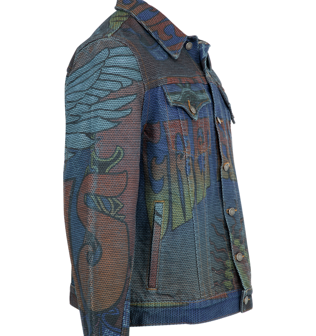 Image 3 of 3 - BLUE - COUT DE LA LIBERTE Johnny Circus Print Wings Trucker Jacket featuring a classic button front closure, two button flap chest pockets, classic collar, button cuffs and print throughout. 100% cotton. Made in the USA.