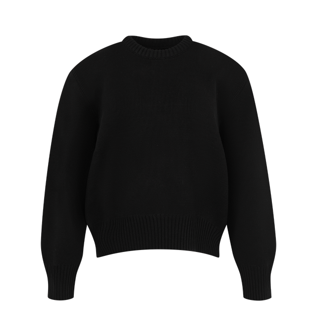 Image 1 of 2 - BLACK - Toteme Women's Cropped Crew-Neck Sweater is crafted from a merino wool and cotton blend and features an abbreviated silhouette, subtly rounded sleeves, and a compact half Punto Milano knit construction. Designed with ribbed trims at the crew neckline, cuffs, and hem, this sculptural knit offers a structured shape with a lightweight feel. Main Material: 60% RWS Merino Wool, 40% Cotton.
