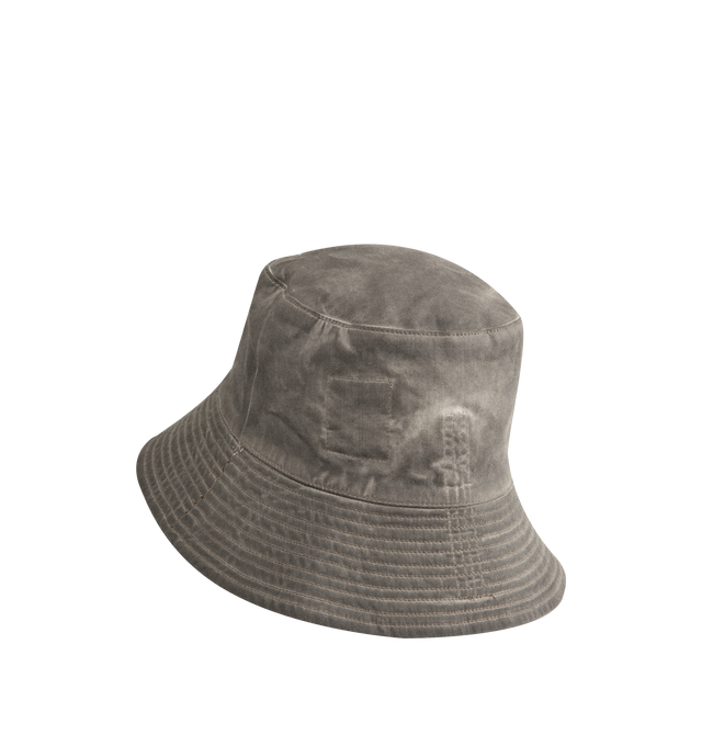 Image 2 of 2 - GREY - Rick Owens DRKSHDW Gilligan Hat is crafted from foil-treated stretch denim and features the brand's signature bucket hat silhouette with a worn-in, garment-dyed finish. Designed with fading throughout, topstitch detailing, quilted trim, and a self-tie chin strap, the hat reflects the label's distinctive blend of utilitarian function and avant-garde style. Main Material: 85% Cotton, 10% Polyester, 5% Elastane. Lining: 100% Cotton. Made in Italy.