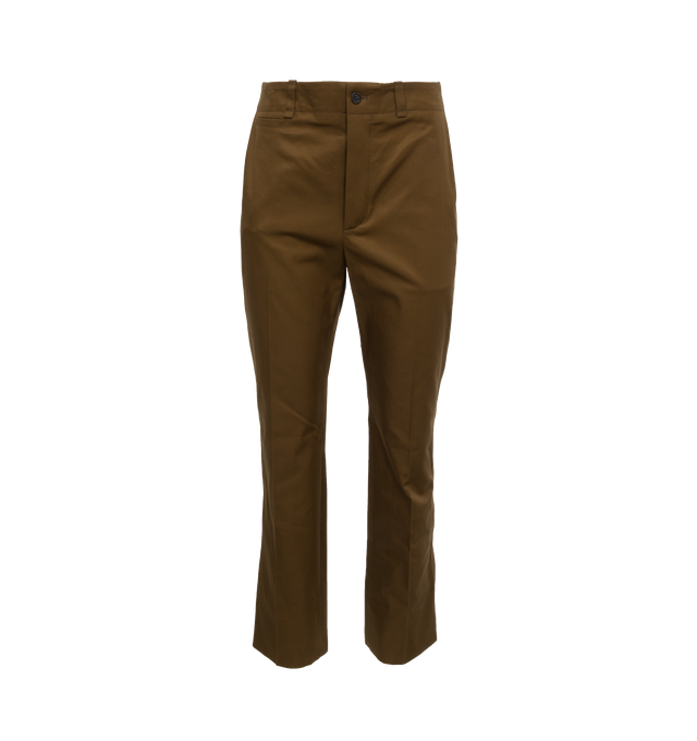 Image 1 of 4 - BROWN - SAINT LAURENT Cotton Twill Pants featuring mid rise, tailored, straight leg, center crease, slash pockets, upturned cuffs and belt loops. 100% cotton. Made in Italy. 