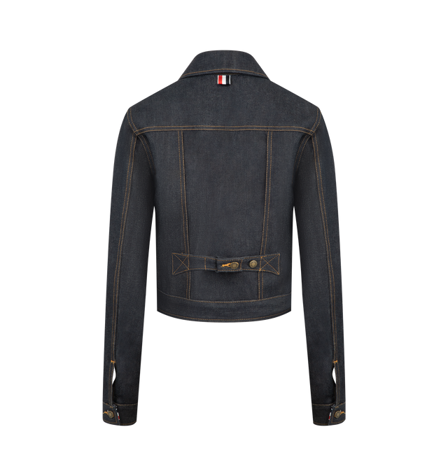 Image 2 of 3 - NAVY - THOM BROWNE Selvedge Denim Shrunken Jacket featuring front button closure, patch chest pockets with button-fastening flaps, two interior pockets, buttoned cuffs with RWB grosgrain trim, pleated back yoke with internal reinforcement, adjustable buttoned backstrap, signature striped grosgrain loop tab and shrunken fit. 100% cotton. Made in Italy.