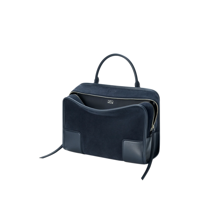Image 6 of 16 - NAVY - Loewe Large Amazona 180 Bag in suede featuring a relaxed silhouette anchored by a single toron top handle, designed to be carried open while a concealed closure secures the main compartment, removable shoulder and crossbody straps, zip closure with two leather zip pullers, two compartments, main compartment closed with magnetic closure, internal flat pocket, left side d-ring for customization, suede and nappa lambskin lining, embossed LOEWE and embossed double L branding. Suede/calf.