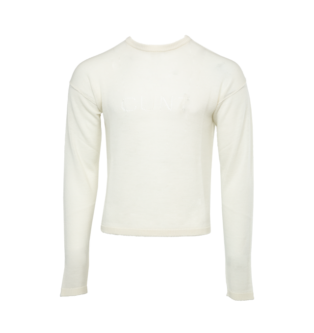 Image 1 of 3 - WHITE - RICK OWENS Cunty Pullover featuring long sleeves, ribbed round neck, nuffs and hem, knit line down center spine and knit graphic. 100% new wool.  