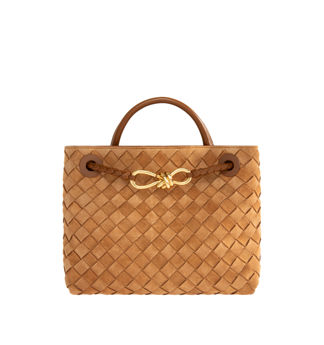 Image 1 of 4 - BROWN - Bottega Veneta Andiamo Bag has a magnetic closure, a sliding cross-body strap, an interior zip pocket, 2 interior open pockets, and brass-finished hardware. 7.9" x 9.8" x 3.9". Calfskin. Made in Italy.