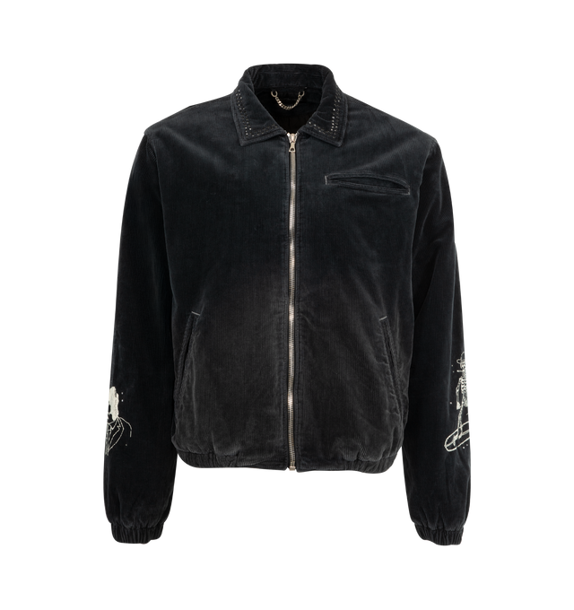 Image 1 of 4 - BLACK - COUT DE LA LIBERTE Vince Stretch Embroidered Jacket featuring corduroy fabric, zip front closure, side slit pockets, elastic waist and cuffs and emboidered on sleeves and back.
