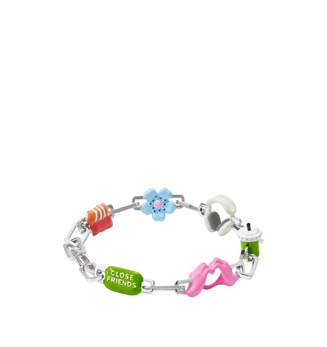 Image 5 of 9 - MULTI - Poubel by The Gstaad Guy Colton completed bracelet set. An ode to the hypebeast homies, matcha wifeys, and everything in between, The Colton Completed Set includes: 1x Close Friends Charm, 1x Heart Hands Charm, 1x Iced Matcha Charm, 1x Headphones Charm, 1x Fleur Bleue Charm (also known as The Blue Flower), 1x Sushi Charm, 9x interchangeable sterling silver links. Poubel links are made with recycled, rhodium plated, sterling silver, comprised of 92.5% pure silver and 7.5% other metal