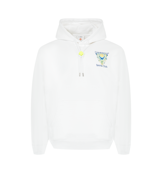 Image 1 of 2 - WHITE - CASABLANCA L'Arche De Tennis Hooded Sweatshirt featuring tennis ball logo in flight, drawstring fastening, fixed hood, ribbed cuffs and hem, a kangaroo pocket, cotton loopback jersey fabric and relaxed fit. 100% organic cotton. Made in Portugal.