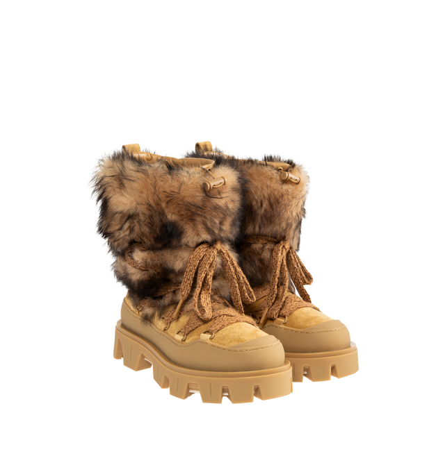 Image 2 of 4 - BROWN - MONCLER Peak Aprs Suede & Shearling Boots featuring long-haired lambskin and suede upper, mesh and neoprene insole, rubberized TPU sole with EVA filler and elastic drawstring and lace-up closure. Calf length 18 cm. Sole height 4.5 cm.