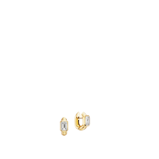 Image 1 of 1 - GOLD - Uniform Object Tusk Huggie Earrings featuring 10 g of 18K yellow gold with 2.12 TCW emerald-cut diamonds. Handcrafted in New York City. Hirshleifers offers a range of pieces from this collection in-store. For personal consultation and detailed information about jewelry, please contact our dedicated stylist team at personalshopping@hirshleifers.com.