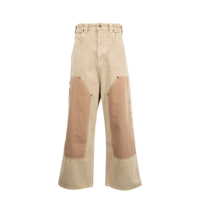 Image 1 of 3 - BROWN - BALENCIAGA Ripped Off Baggy Pants featuring cotton denim, covered zip fly, 5 belt loops, 5 pockets, yokes with rivets at front, ripped at back, Balenciaga engraved flex buttons and jacron at back. 100% cotton. Made in Italy.
