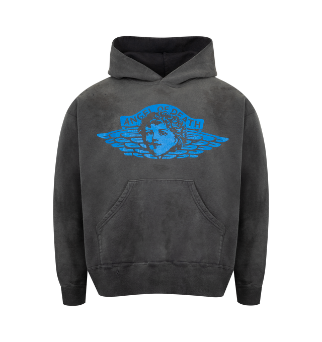 Image 1 of 2 - BLACK - SAINT MICHAEL Angel Hoodie featuring heavyweight cotton, cracked screen-printed graphics and a faded vintage look. 100% cotton.
