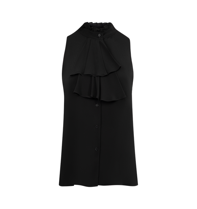 Image 1 of 2 - BLACK - NILI LOTAN Felton Shirt featuring center front button placket, sleeveless, ruffle collar stand with attached scarf detail and straight hem. 69% acetate, 31% silk.