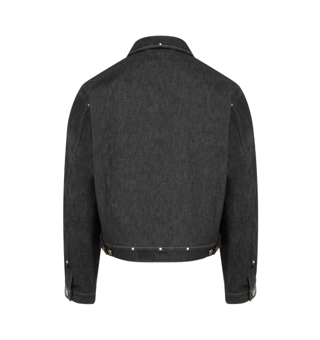 Image 2 of 3 - GREY - LEMAIRE Trucker Jacket with Studs in thick slate denim featuring straight cut, spread collar, button closure, long sleeves, buttoned cuffs, patch chest pockets with flaps, rivet details and LEMAIRE embossed leather patch at back. 100% cotton. Made in Italy.