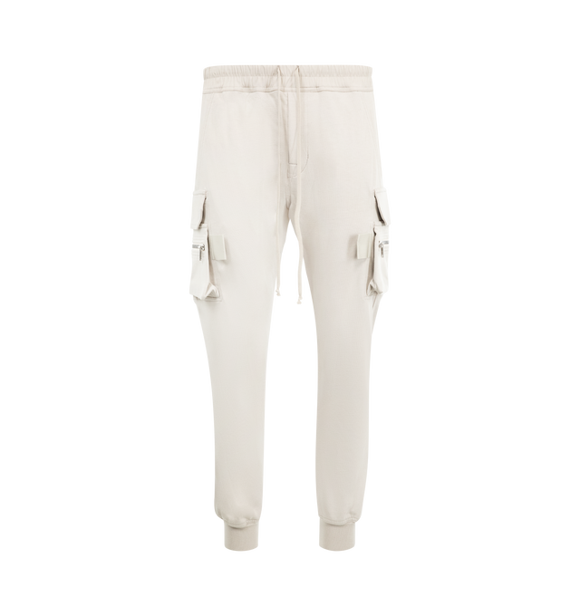 Image 1 of 3 - WHITE - RICK OWENS Mastadon Cargo Pants featuring slim-fit, stretch GOTS-certified organic cotton, drawstring at elasticized waistband, four-pocket styling, button fly, pen slots at front, elasticized cuffs and cargo and zip pocket at outseams. 97% cotton, 3% elastane. Made in Italy.