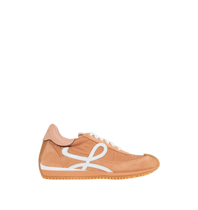 Image 1 of 5 - NEUTRAL - Loewe Flow lace-up runner in  suede calfskin and nylon, featuring an L monogram on the quarter. The textured honey-coloured rubber outsole extends to the toe-cap and on to the back of the heel. Gold embossed LOEWE logo on the backtab. Made in: Italy. 