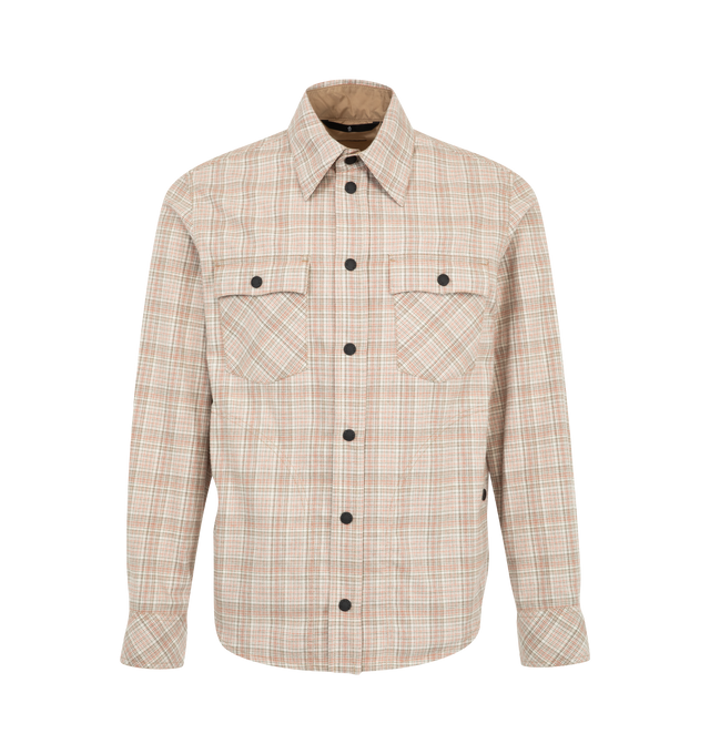 Image 1 of 1 - NEUTRAL - Moncler Grenoble Men's Check Shirt is crafted from brushed cotton and features a classic plaid pattern. Designed with a snap-button front closure, adjustable cuffs, and flap pockets with snap-button closures, this relaxed layer is finished with technical rainwear trim at the inside collar, cuffs, and pockets. Main Material: 100% Cotton. Lining/Trims: 100% Polyamide/Nylon.