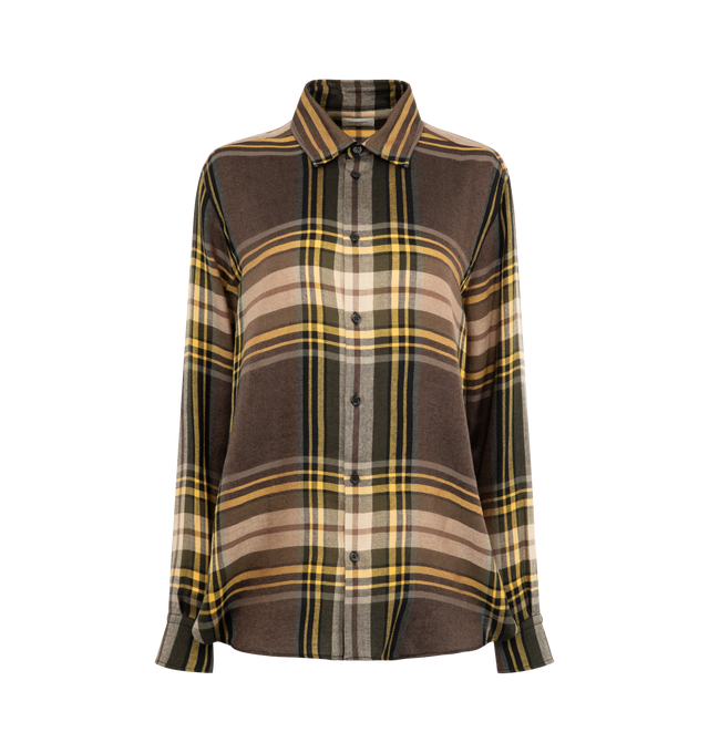 Image 1 of 2 - BROWN - Saint Laurent relaxed-fit shirt made with certified wool and certified silk, featuring a pointed collar, CASSANDRE embroidery at the hem, front button closure and one-button cuffs. 60% WOOL, 40% Other. Made in ITALY.
