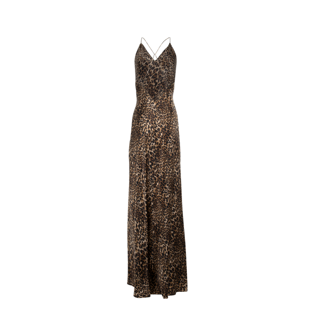 Image 2 of 2 - BROWN - NILI LOTAN Ira Gown featuring floor length v neck gown in heavy silk charmeuse. Low back. Criss cross back. Internal loops allow for alterations. 100% silk. Made in USA.