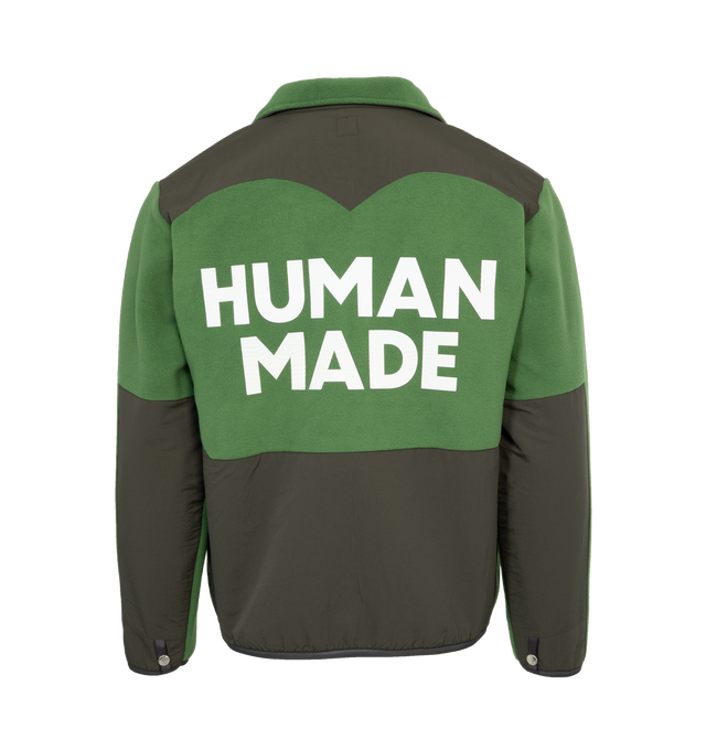 Image 2 of 4 - GREEN - HUMAN MADE fleece jacket with a heart motif on the back and polar bear name tag attached to the front. SHELL: 100% POLYESTER / PARTS: 100% NYLON. 