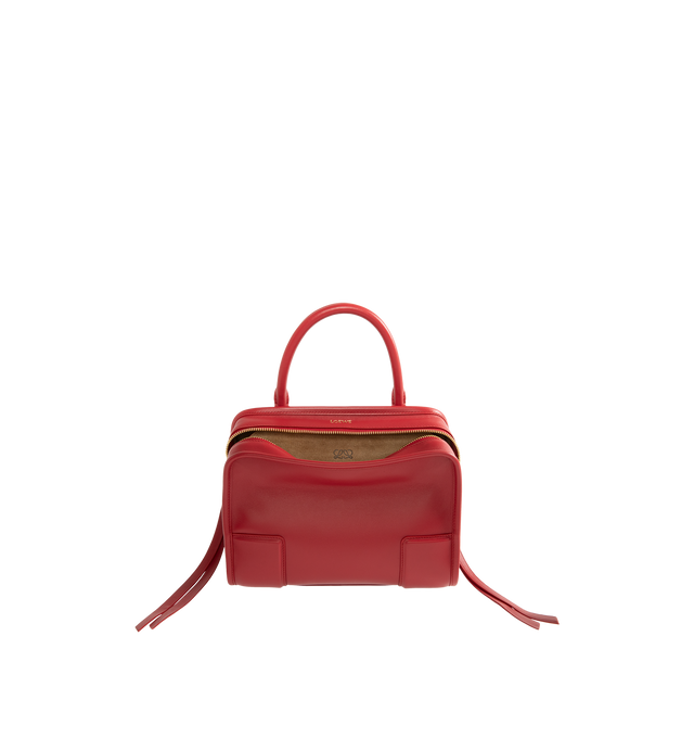 Image 1 of 5 - RED - Loewe Small Amazona 180 Bag in leather features a relaxed silhouette anchored by a single toron top handle, designed to be carried open, while a concealed closure secures the main compartment, three carry options: short handle, removable shoulder strap and crossbody, zip closure with two leather zip pullers, two compartments, main compartment closed with magnetic closure, internal flat pocket, left side d-ring for customization, nappa lambskin lining, and embossed double L branding. Lea