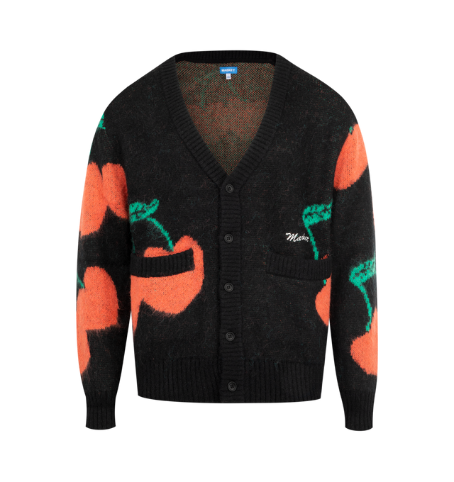 Image 1 of 2 - BLACK - MARKET Double Cherries Cardigan featuring a front button closure, deep V-neck, long sleeves, front welt pockets and ribbed cuffs and hem. 45% nylon, 30% polyester, 15% acrylic, 10% wool.
