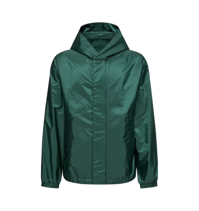 Image 1 of 1 - GREEN - MONCLER Grandans Hooded Windbreaker featuring recycled nylon technique, hood, zipper andbutton closure, elastic cuffs and hem with drawstring fastening. 100% polyamide/nylon.