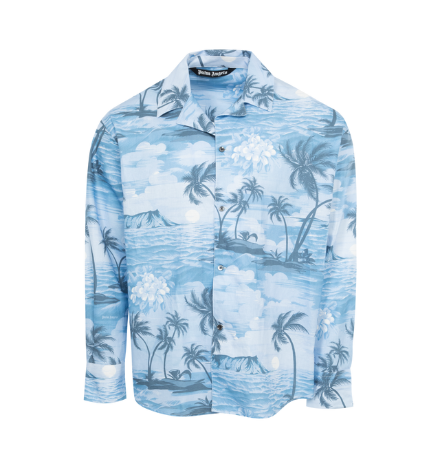 Image 1 of 2 - BLUE - PALM ANGELS Sunset Bowling Shirt featuring all-over graphic print, mini logo tag, cuban collar, front button fastening and long sleeves. 55% linen/flax, 45% cotton. 