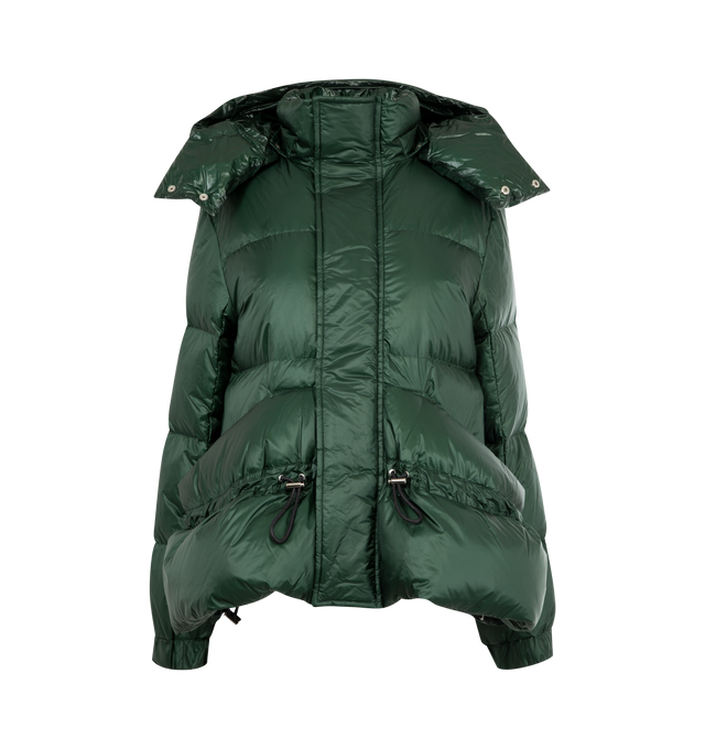 Image 1 of 4 - GREEN - SACAI Puffer Jacket featuring a removable hood, long sleeves with elasticized cuffs, front pockets, drawstring waist and concealed snap button front with a zip overlay. 100% nylon.