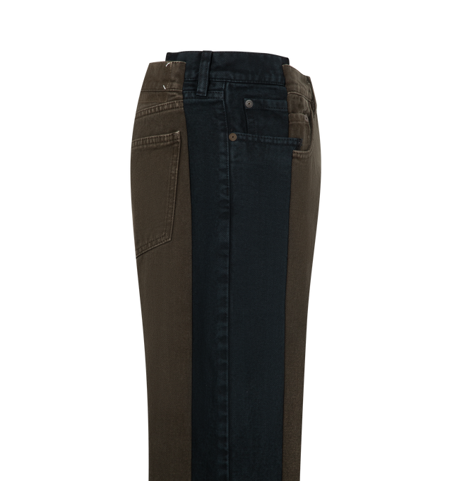 Image 3 of 3 - MULTI - Maison Margiela Men's Straight-Leg Spliced Denim Jeans are crafted from cotton denim using the brand's Assemblage technique and feature a full-length straight-leg silhouette, contrasting blue-black side panels, five-pocket construction, a zip and button closure, and the signature four white stitches at the back. This designer denim combines innovative layered construction with timeless styling for elevated everyday wear. Main Material: 100% Cotton. Made in Italy.