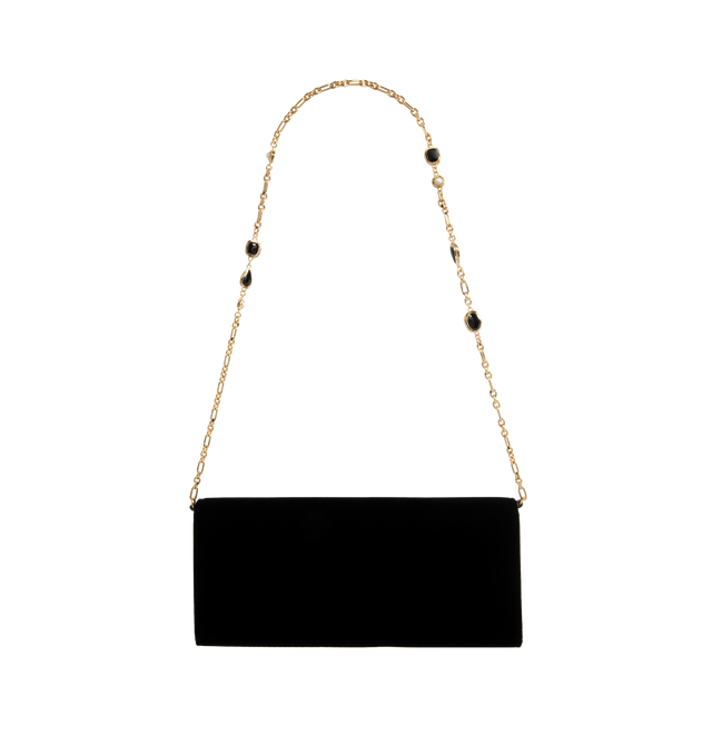 Image 2 of 3 - BLACK - Saint Laurent Women's Kate Clutch is crafted from velvet and features a sleek evening silhouette adorned with the iconic Cassandre logo. Designed with a removable jewelry chain strap with bezel-set cabochon links, a magnetic snap closure, one flat pocket, and one card slot, allowing it to be worn on the shoulder or carried as a clutch. Main Material: 63% Viscose, 27% Cupro, 10% Brass. Lining: Leather. Dimensions: 28 cm W 12 cm H 4 cm D. Strap Drop: 36 cm. Fits: Phone, cardholder, ke