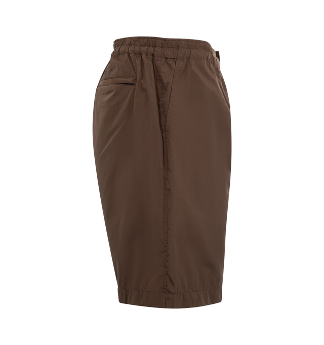 Image 3 of 3 - BROWN - Kaptain Sunshine Trainer Short Pants featuring a high-density, weather-resistant silk poly blend, lightweight with a subtle sheen, a water-repellent finish, side pockets, a back zip pocket, an elasticated waist, relaxed fit and wide legs. 55% silk, 45% polyester.