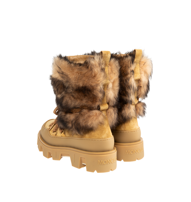 Image 3 of 4 - BROWN - MONCLER Peak Aprs Suede & Shearling Boots featuring long-haired lambskin and suede upper, mesh and neoprene insole, rubberized TPU sole with EVA filler and elastic drawstring and lace-up closure. Calf length 18 cm. Sole height 4.5 cm.