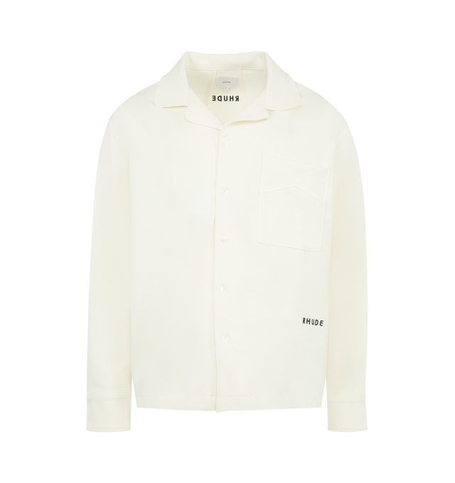Image 1 of 2 - WHITE - RHUDE Century PJ Shirt featuring camp collar, front button closure, long sleeves, buttoned cuffs and embroidered logo on front and back. Made in the USA.