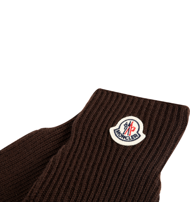 Image 3 of 3 - BROWN - MONCLER Wool Gloves featuring ultra-fine wool, brioche stitch, gauge 7 and a logo patch. 100% virgin wool. Made in Italy.