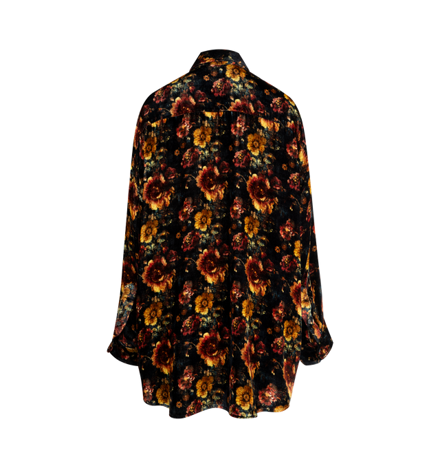 Image 2 of 2 - MULTI - R13 Drop Neck Velvet Button-Up Shirt featuring an oversize silhouette, floral print throughout, front button closure, spread collar, long sleeves with button cuffs, chest patch pocket and curved hem. 82% viscose, 18% silk. Made in the USA.