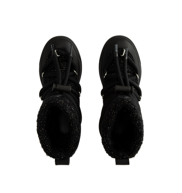 Image 4 of 4 - BLACK - Moncler Women's Altive Mid Snow Boots are crafted from a wool-blend boucl upper woven with subtle metallic gold threads and feature a mid-height snow boot silhouette, a round toe, and a wraparound drawstring closure. Designed for cold-weather performance, this style is equipped with an EVA midsole, a Vibram Megagrip outsole for enhanced traction and durability, and an OrthoLite insole for lasting comfort. A pull tab at the back and nylon lining complete the functional design. Main Mat