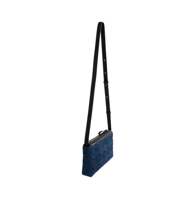 Image 2 of 3 - BLUE - BOTTEGA VENETA Zipped Messenger Bag featuring zipped cross-body bag in denim Intreccio with adjustable strap, single interior zipped pocket and two flat open pockets and zipper closure. 5.9" x 9.8" x 2". Strap drop: 19.7". Canvas. Made in Italy.