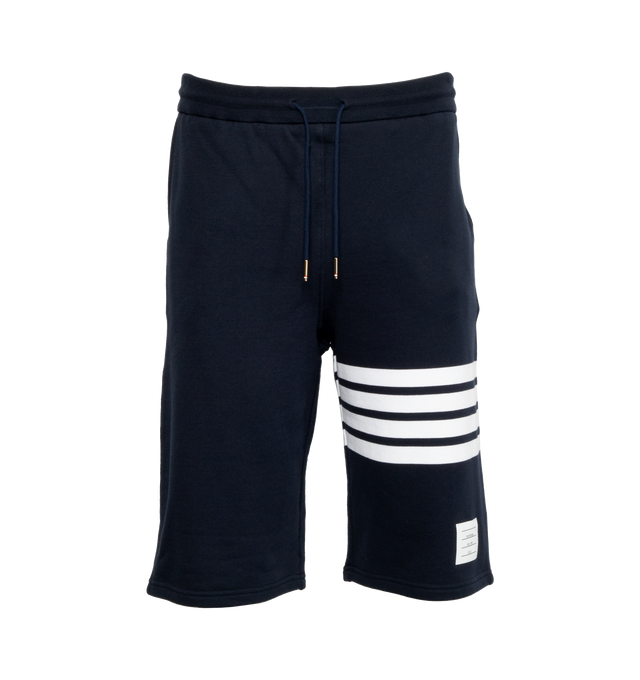 Image 1 of 4 - BLUE - THOM BROWNE cotton sweat shorts with pull-on elasticized waist featuring drawcords and stripe detail at leg. 
