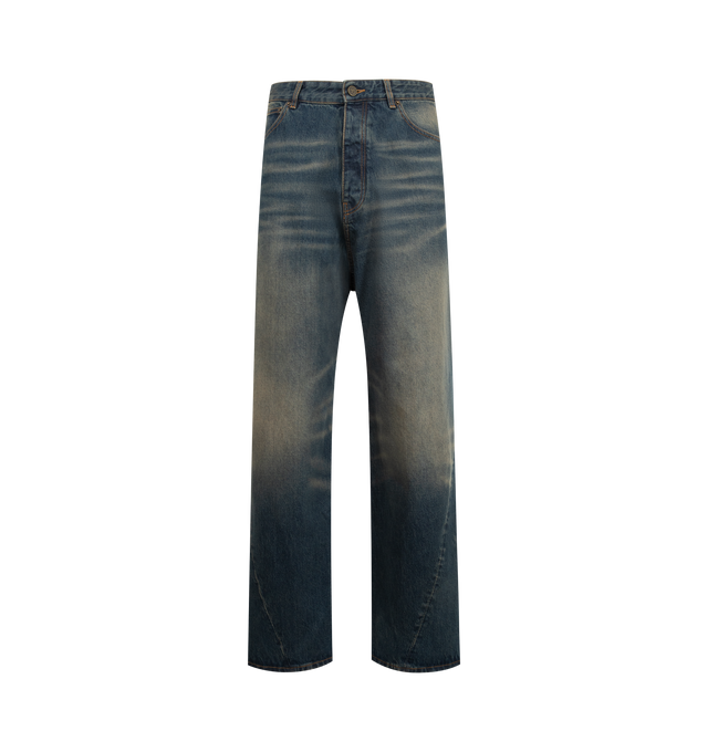 Image 1 of 3 - BLUE - VETEMENTS Spiral Jeans featuring non-stretch denim, fading and whiskering throughout, belt loops, five-pocket styling, button fly, curved inseam and outseams and logo-engraved hardware. 100% cotton. Made in Italy.